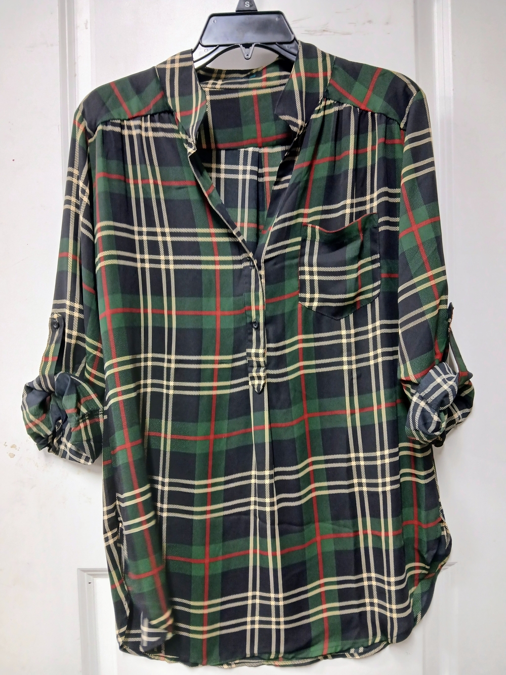 Green Plaid Button-Front Women's Top